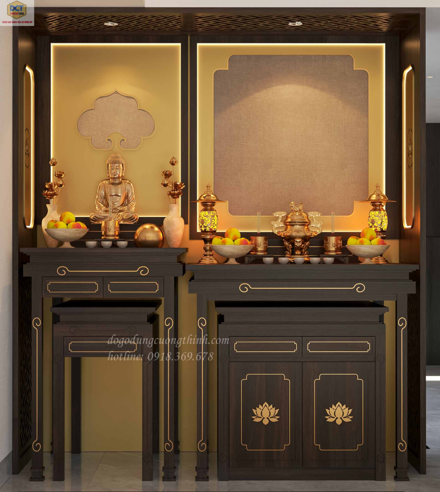 Cặp bàn thờ Phật - Gia Tiên gỗ tần bì